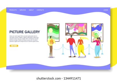 Picture gallery vector website template, web page and landing page design for website and mobile site development. Art museum visitors viewing modern abstract art painting collection on the wall.