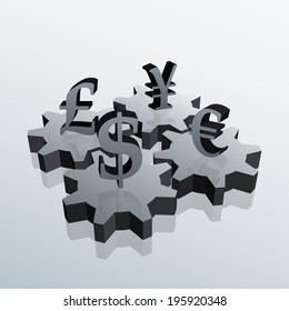 Picture of a gears with money signs, abstract concept, vector eps 10 illustration