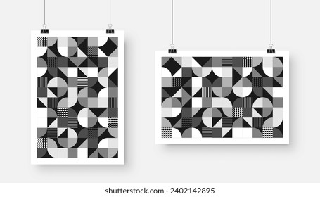 Picture with geometric trendy pattern, Bauhaus style. Modern background, simple elements. Retro texture, basic geometric shapes. Print design, minimalist poster cover. Vector illustration