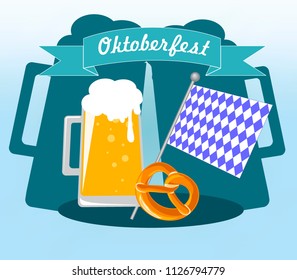 Picture for the German holiday Oktoberfest with a mug of foam beer, the Bavarian flag and brezel
