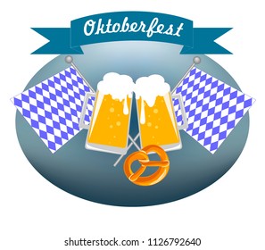 Picture for the German Oktoberfest with beer mugs, Bavarian flags and brezel