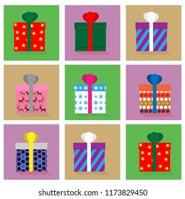 A picture with gift boxes in a beautiful package. For decoration of shop windows. A postcard. Beautiful wrapping gifts for the holidays. A set of festive boxes in bright packaging for winter holidays.