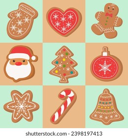 A picture of a ginger cookie.A Christmas cookie print.Christmas background.Traditional cookies.Christmas trees, lollipops, Santa Claus and hearts.For wallpaper, fabric, packaging. Vector illustration