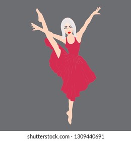 In the picture, the girl is a ballerina, a girl dancing in a red dress. The girl for the cover. The girl is blonde.