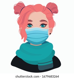 picture of a girl in a medical mask, in cartoon style