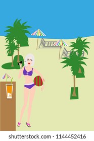 In the picture a girl, a model, thin in a swimsuit, with a ball on the beach, with glasses, drinks a cocktail, couches for rest. Holidays, summer, rest, sea.