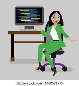 In the picture the girl in the office, at home, at the computer on a chair in a green suit. Girl programmer, secretary, office manager. Image for site, project, presentation.