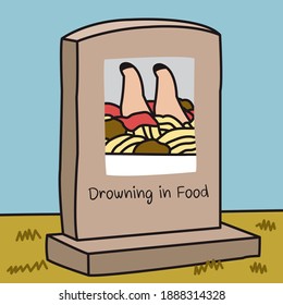 Picture Of The Girl's Leg Emerging From A Heap Of Unhealthy Food And Desperately Reaching Out With Text Drowning In Food On Headstones Concept Card Character illustraion