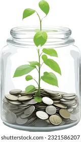 Picture of a glass bottle with lots of silver coins There is a seedling growing on the pile of coins. means saving money And use the money to invest to grow the business.