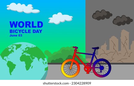 a picture of a globe with a background of clean weather and colorful bicycles and a dirty city full of pollution and bold text commemorating World Bicycle Day on June 3