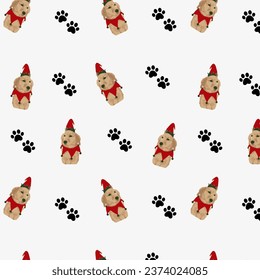 Picture of a golden retriever wearing a Christmas hat. Christmas seamless picture gift wrapping paper