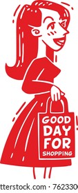 picture good day for shopping young girl in a dress with a bag red