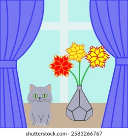 A picture of a gray cat on the windowsill. Next to a vase with bright flowers. Such art will be a decoration in your interior.