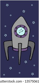 Picture of a gray space rocket on a dark blue background with blue stars