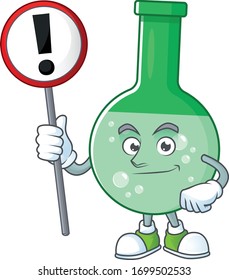 A picture of green chemical bottle cartoon character concept holding a sign