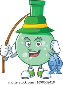 A Picture of green chemical bottle fisher mascot design catch a fish