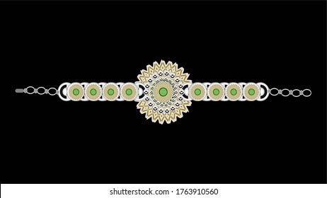 Picture of a green stone, ladies bracelet, vector graphic design in golden color
