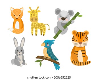  Picture of group cartoon animals: fox, giraffe, koala, rabbit, parrot, tiger.