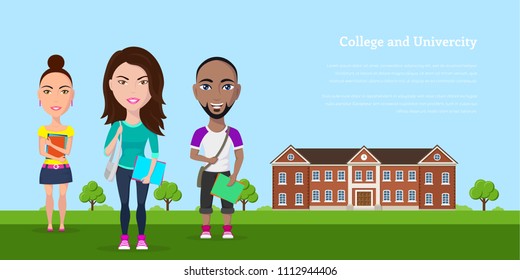 Picture of group of students in front of university building, university and college study banner, education concept, flat style illustration