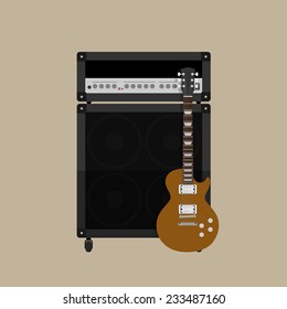 picture of guitar amplifier with speaker and guitar, flat style illustration