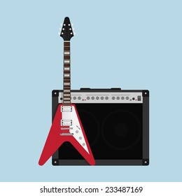 picture of guitar amplifier with speaker and guitar, flat style illustration