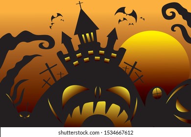 Picture of a Halloween backdrop featuring a castle, crucifix and a giant pumpkin.