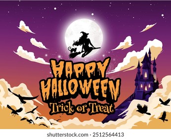 picture of a Halloween celebration with a silhouette witch uses her magical broom to flying across the full moon and through the clouds followed by several crow.