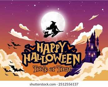 picture of a Halloween celebration with a picture of a witch flying across the full moon and through the clouds followed by several bats.