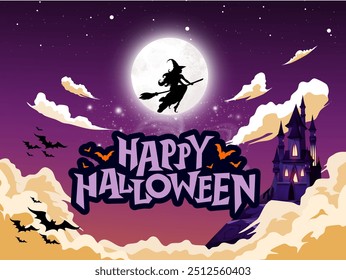 Imagen de una celebración de Halloween con una imagen de una bruja volando a través de la luna llena y a través de las nubes seguida de varios murciélagos.