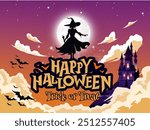 picture of a Halloween celebration with a picture of a witch silhouette across the full moon and through the clouds followed by several bats.