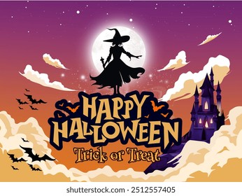 picture of a Halloween celebration with a picture of a witch silhouette across the full moon and through the clouds followed by several bats.