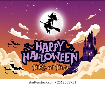 Imagen de una celebración de Halloween con una imagen de una silueta de bruja volando a través de la luna llena y a través de las nubes seguido de varios murciélagos.