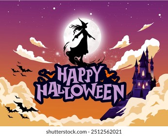 Imagen de una celebración de Halloween con una imagen de una bruja que usa su magia para volar a través de la luna llena y a través de las nubes seguida de varios murciélagos.