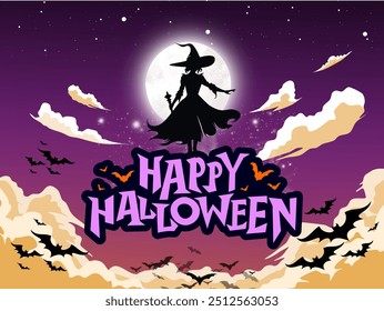 picture of a Halloween celebration with a picture of a witch uses her magic to flying across the full moon and through the clouds followed by several bats.