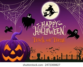 a picture of Halloween with pumpkin jack o lanterns, shadows of witches, bats, ghosts and a cemetery theme with a gradient background of orange and purple. Halloween event celebrate on october 31st