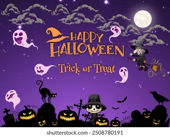 picture of Halloween with pumpkin jack o lanterns, flying witches, bats, ghosts and a cemetery theme with a gradient background of black and purple. Halloween event celebrate on october 31st