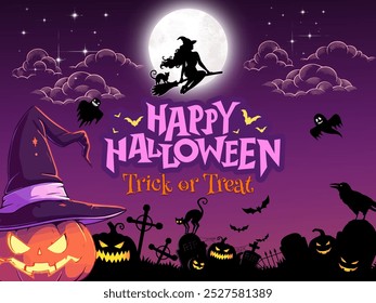 a picture of Halloween with pumpkin jack o lanterns, shadows of witches, bats, ghosts and a cemetery theme with a gradient background of black and purple. Halloween event celebrate on october 31st