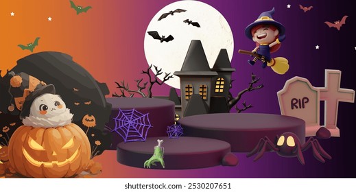 a picture of Halloween with pumpkin jack o lanterns, shadows of witches, bats, ghosts and a cemetery theme with a gradient background of orange and purple. Halloween event celebrate on october 31st