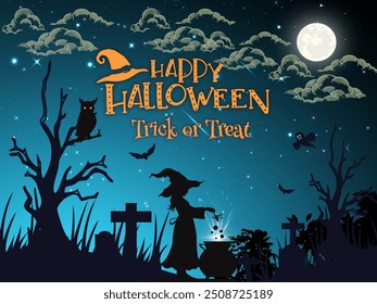 A picture of Halloween theme with a shadows of witches, bats,owl, ghosts and a cemetery theme with a gradient background of black and blue. Halloween event celebrate on october 31st