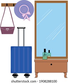 a picture of the hallway, on a white background, a blue suitcase on wheels with a long handle stands near a large mirror, a woman's hat and a handbag on a long handle hang on the wall