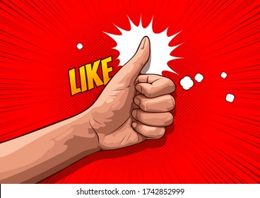 picture of hand showing thumbs up sign, comic style background.