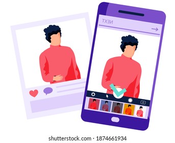 Picture of handsome man in red sweater on phone in editting app. Printed photo from social network. Various of processing options for the frame. Purple smartphone near paper image vector illustration