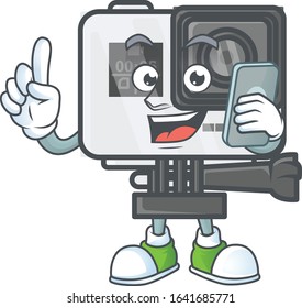 A picture of happy action camera speaking on the phone