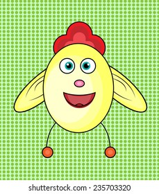 Picture of happy chicken on green dotted backgroun