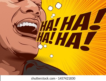 picture of happy laughing man, cartoon comic background, speech bubbles, doodle art, vector illustration.