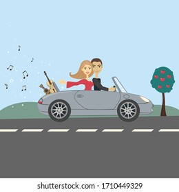 Picture of happy man and woman in a car on a way. Vector modern and flat illustration.