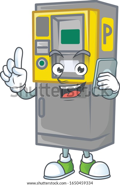 A picture of happy parking ticket machine speaking\
on the phone