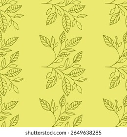 The picture is a harmonious design featuring a network of branches and leaves. The background is a soft yellow hue. The branches and leaves are outlined in a delicate olive shade. 