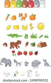 The picture has 6 rows of colorful drawings of animals, fruits, and vegetables. The first row is 6 jars of paint. The animals include fox, duckling, crocodile, bear, ladybird, elephant, donkey, mouse,