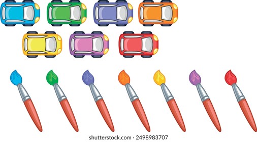 The picture has 8 colorful toy cars and 8 paintbrushes arranged in rows. The car colors are blue, green, purple, and orange. The paintbrushes are in the same colors as the cars, along with yellow